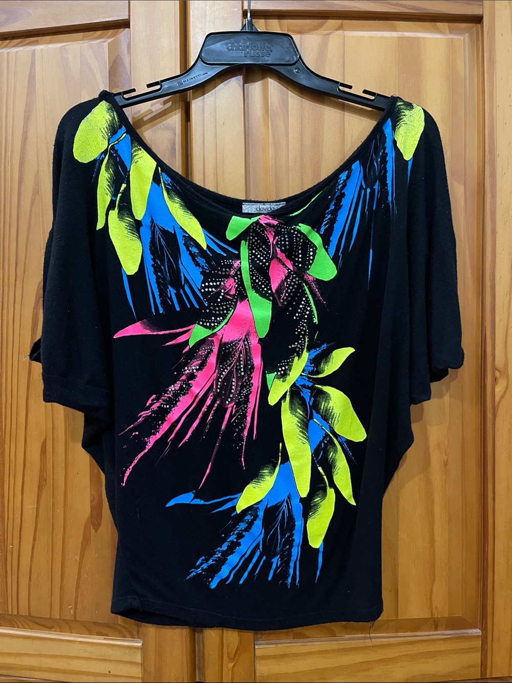 1980s vintage  Black Floral-Print Dolman Tunic with Neon Accents